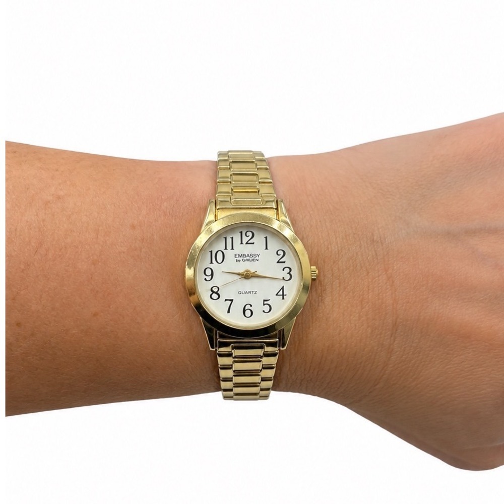 Vintage Embassy By Gruen Bracelet Watch Women's Gold Tone Expansion Band Working